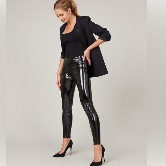 SPANX Pants - SPANX Faux Patent Leather Leggings Black Liquid Gloss Pants Classic Sz. XL